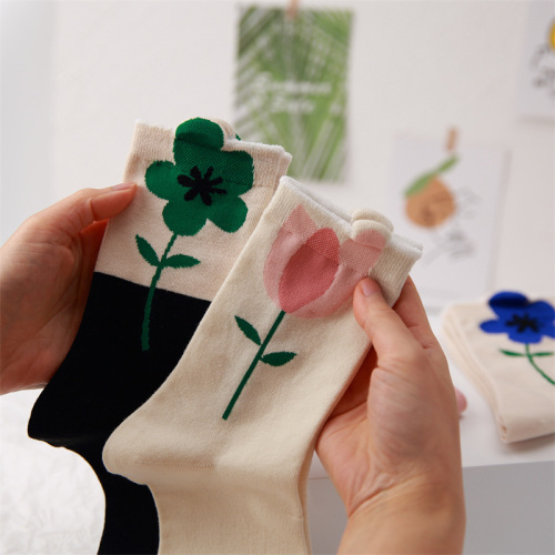 Spring and Summer Socks Women‘s Socks All-Match Ins Fashionable Mid-Calf Socks Three-Dimensional Flower Tulip Women‘s Mori Style Cotton Socks