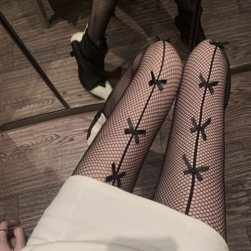 Vertical Line Single Row Bow Mesh Stockings Women‘s Pantyhose Lolita Dark Style Mesh Stockings Multiple Bow Pantyhose