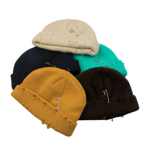 Hat Women‘s Autumn and Winter Korean Style Ring Pin Hip Hop Wool Trendy Retro Ripped Hat Men‘s Knitted Hat Floor Hat