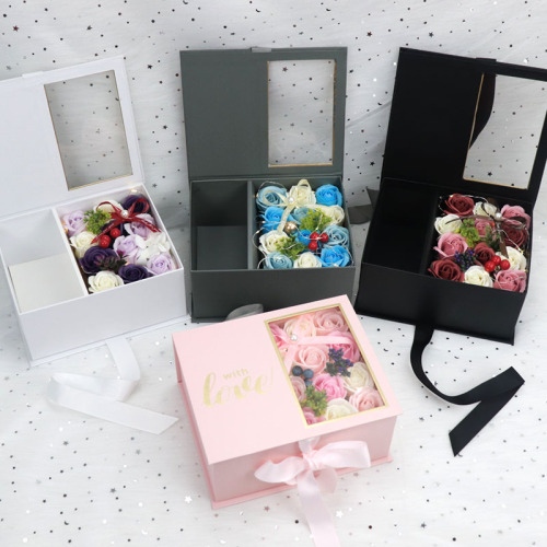 pvc semi-window rectangular gift box valentine‘s day gift box bow flower box middle compartment