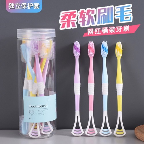 adult soft bristle toothbrush 8 barrels with tongue scraping function cleaning macaron toothbrush supermarket factory wholesale