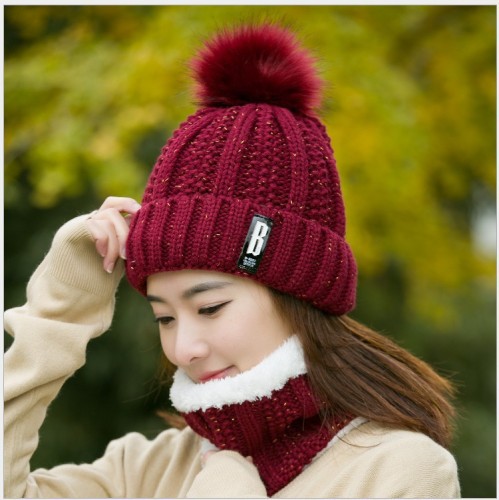 wool peaked cap women‘s winter fleece-lined hat scarf set winter outdoor warm hat cute student cycling cap