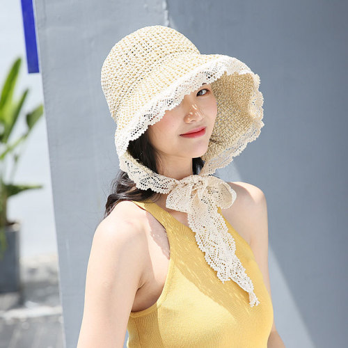 Straw Hat Women‘s Summer Fresh Korean Style Seaside Sun Protection Sun Hat Mori Women‘s Handmade Crochet Lace Strap Sun Hat 