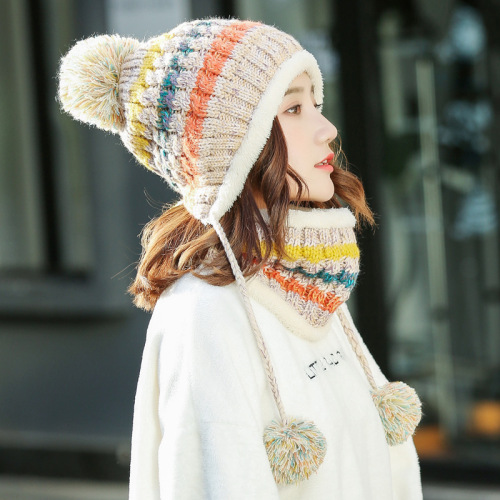 woolen hat women‘s winter korean-style sweet cute knitted autumn and winter street thickened earmuffs scarf collar cap
