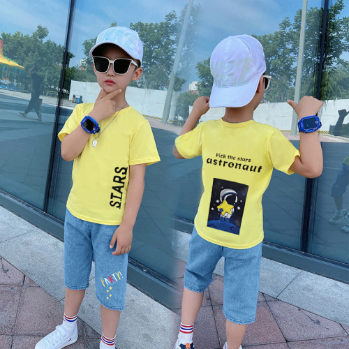 children‘s jeans summer boys‘ short-sleeved suit new medium and big children‘s casual summer clothes t-shirt shorts children‘s clothing wholesale