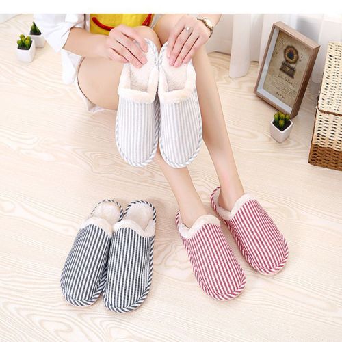 Autumn and Winter Japanese and Korean Couple Men‘s Home Indoor and Outdoor Stripes Velvet Cotton Slippers Women‘s Soft Bottom Confinement Shoes Wholesale