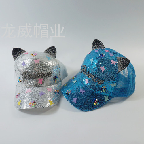 wholesale adult children cute cat ears sequins outdoor sports cap boys girls sunshade baseball cap