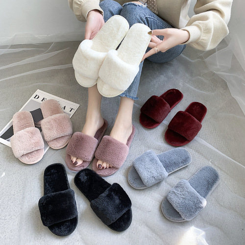 Foreign Trade Cotton Slippers Plush Slippers Women‘s Indoor Home Autumn and Winter Short Plush Flat Open Slippers Large Size Slippers