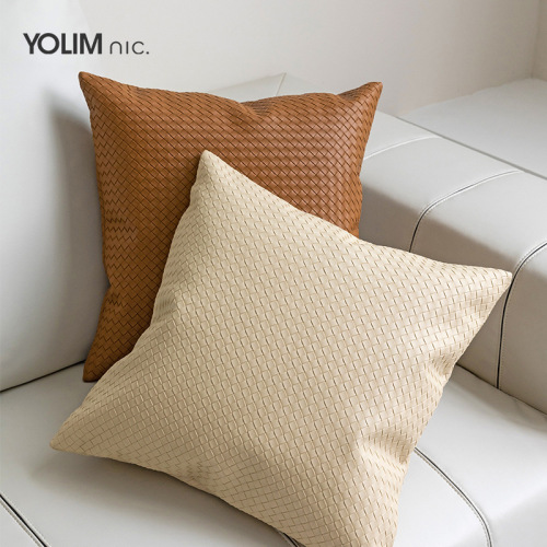 modern leather woven pillow cushion brown orange italian modern sample room living room sofa pillow cover light luxury