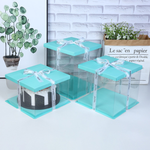 /8-Inch Double-Layer Heightened Fondant Three-in-One Birthday Transparent Cake Box Square Packing Box Wholesale Custom All Blue 