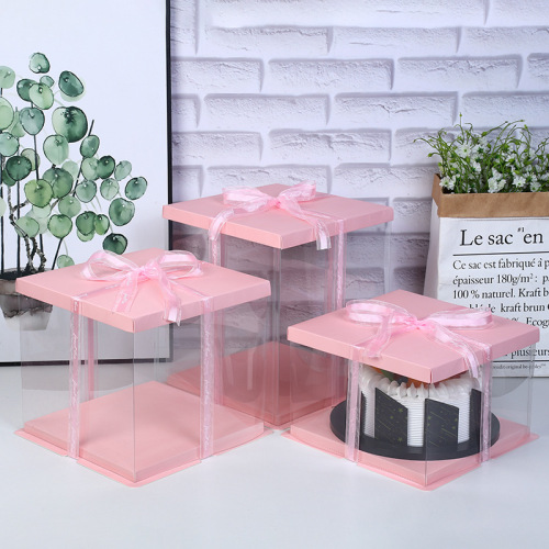 6/8-Inch Double-Layer Heightened Fondant Three-in-One Birthday Transparent Cake Box Square Packing Box Wholesale Custom Full Pink