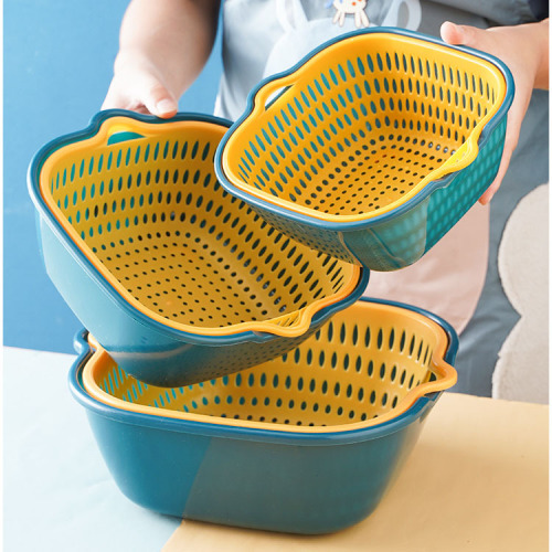 Multi-Functional Fruit and Vegetable Basin Kitchen Color Matching Double-Layer Drain Basket Plastic Hollow Draining Rice Washing Basket