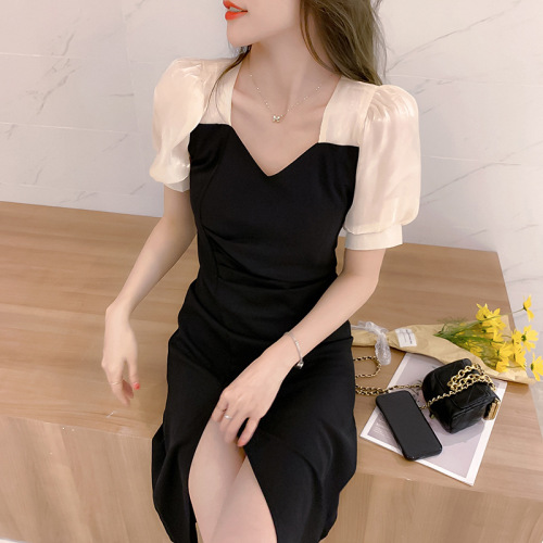 Short Sleeve Black Dress Female Hepburn Style 2021 Summer New Style French Temperament High Waist Slit Small Black Dress 