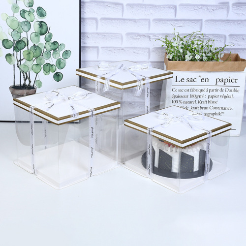6/8-Inch Double-Layer Heightened Fondant Golden Edge Three-in-One Birthday Transparent Cake Box Square Packing Box Wholesale Customization