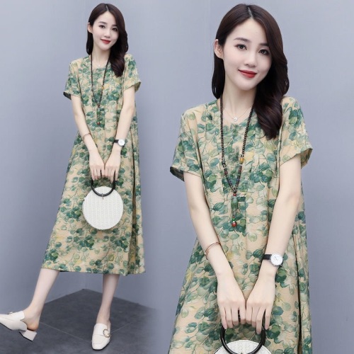 imitation ice silk dress women‘s 2021 summer new korean style casual loose printed large size retro over-the-knee midi skirt