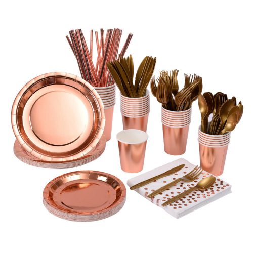 Yaosheng Paper Tableware Pure Rose Gold Set Series Party Disposable Dish Paper Cup Tissue Knife， Fork and Spoon Straw