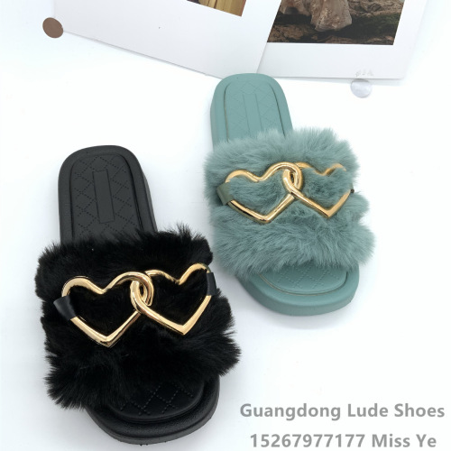 new women‘s slippers plush slippers fashion love metal decorative button soft bottom thick slippers guangzhou women‘s shoes