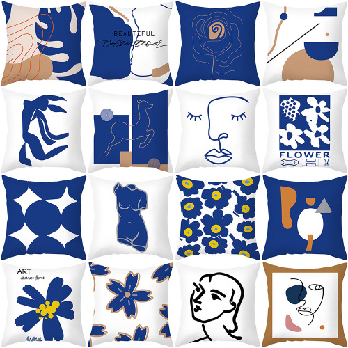 ins blue abstract super soft printed pillow nordic simple pillowcase retro art pillowcase sofa cushion