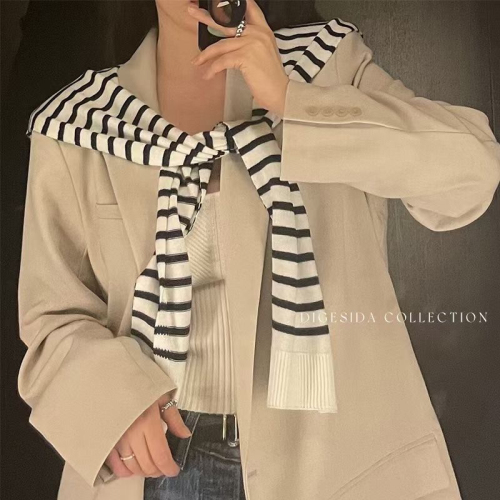 Korean Dongdaemun Striped Shawl Navy Style Women‘s Early Spring New Arrivals Outerwear Cover-up Korean Style Ins Knitted Scarf