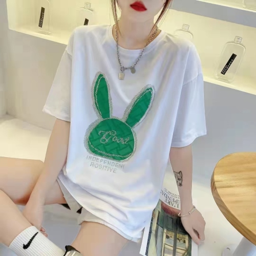 Summer Pure Cotton Heavy Industry Beads Bear Fashionable Short Sleeve T-shirt Women‘s Leisure Anti-Aging Loose Top Fashion Ins