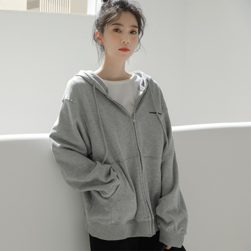 Disaster Relief Supplies Gray Hooded Cardigan Sweater Women‘s Korean-Style Loose Casual Jacket Top Disposable Jacket