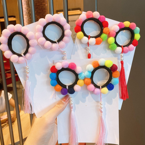 Children‘s Ball Head Accessories Hair Accessories Colorful Tassel Hair Ring Girl Baby Princess Cute Rubber Band Headdress Little Girl