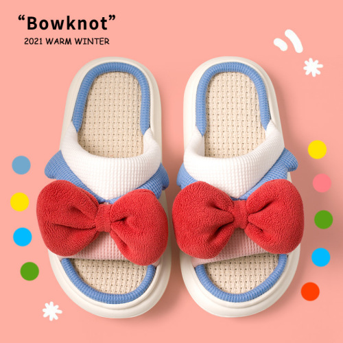 Linen Bow Slippers Lady Couple Cute Interior Home Wear Mute Non-Slip Cloth Sweat-Absorbent Household Wholesale