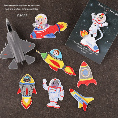 Computer Emboridery Label Clothing Accessories Rocket Cartoon Astronaut Cloth Label Journal Book Accessories Self-Paste Embroidered Cloth Stickers