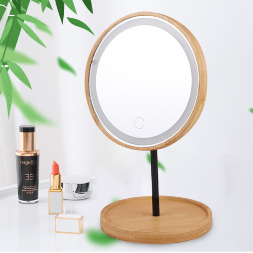HD Bamboo Wooden Desktop Led Make-up Mirror Rotating Vanity Mirror Folding Beauty Mirror with Light Dormitory Table Mirror