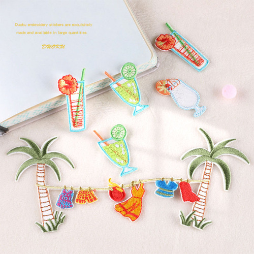 computer Emboridery Label Coconut Drinks Tropical Style Patch Embroidery Patch Clothing Accessories Hand Book Accessories Cloth Stickers 