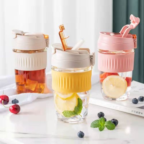 Internet Celebrity Water Cup Portable Tropical Cup with Straw Cute Double Drinking Glass Cup Portable Tea Cup Internet Celebrity Breakfast Cup 