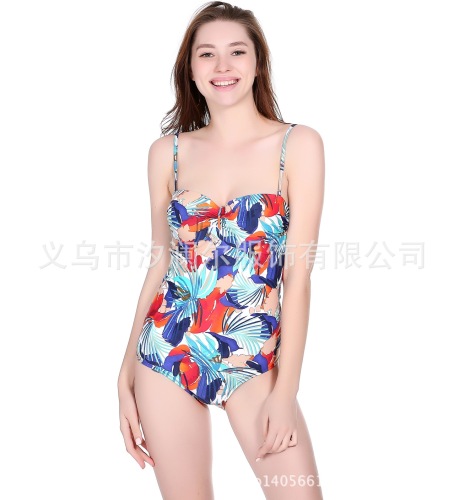 One-Piece Bikini Swimsuit Foreign Trade Tropical Rainforest Flower Leaf Printing Hot Sale