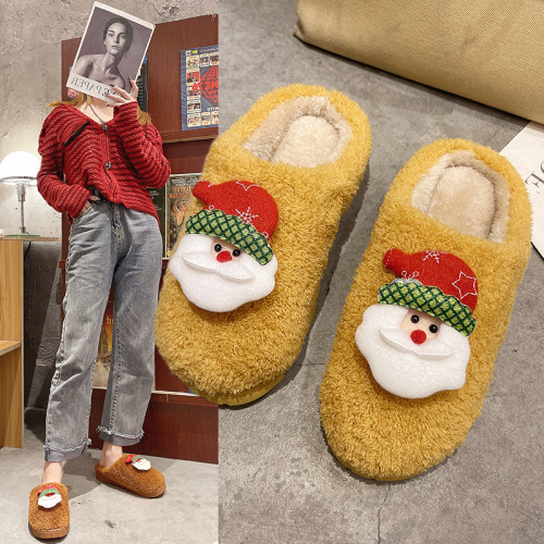 Cartoon Slippers Santa Claus Fluffy Slippers Women‘s New Autumn and Winter Toe Cap Semi Slipper Fleece-Lined Warm Slippers