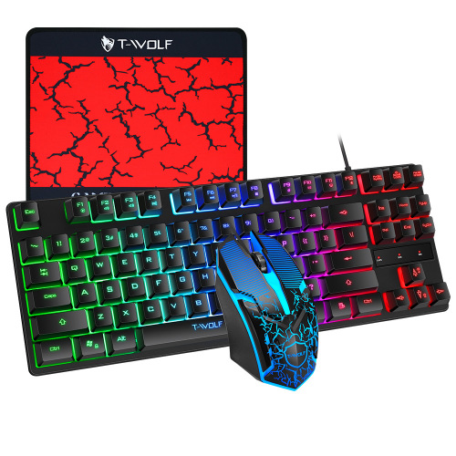 Tf260 Wired USB Keyboard Mouse Mouse Pad Luminous Key Mouse Set 87 Keys Office Game Three-Piece Set