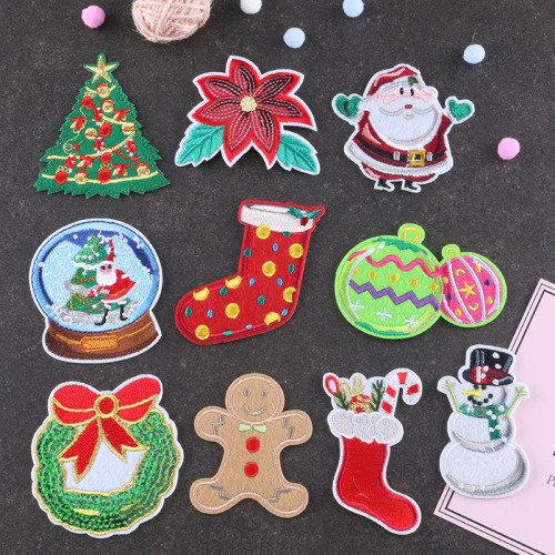 Computer Emboridery Label Christmas Sequined Snowman Gingerbread Man down Jacket Repair Patch Sticker Decorative Decals Embroidered Cloth Stickers
