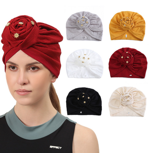 creative rhinestone headscarf cap europe and america cross border neutral pattern knotted headscarf wholesale simple solid color adult headscarf cap