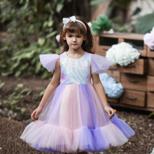 2022 New Sequined Dress Birthday Party Catwalk Princess Dress Girls Colorful Mesh Bow pettiskirt