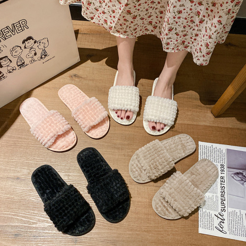 cotton slippers for women 2022 autumn and winter new korean style small plaid flat home plush slippers sewing plush slippers