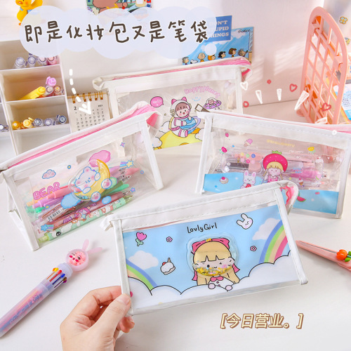 Korean Ins Cartoon Transparent Pencil Case High School Primary School Student Stationery Storage Bag Large Capacity Simple Triangle Cosmetic Bag 