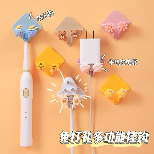 cute cartoon punch-free multi-function hook creative plug toothbrush storage holder power cord storage rack