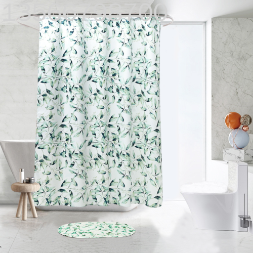 Amazon New Waterproof Digital Printing Polyester Shower Curtain Diatomite Faux Leather Floor Mat Non-Slip Two-Piece Set