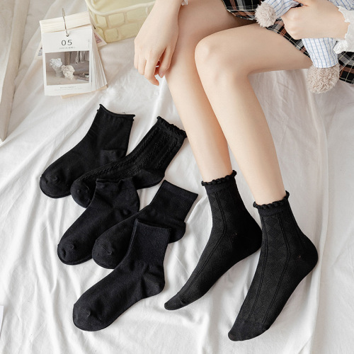 socks women‘s mid-calf length socks spring and autumn pure color cotton jk lace embroidered stockings summer thin black autumn stockings