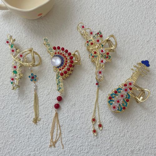 National Fashion Ancient Style Design Pipa Barrettes Female Back Head Updo Hair Claw Metal Large Shark Clips Hairpin Headdress