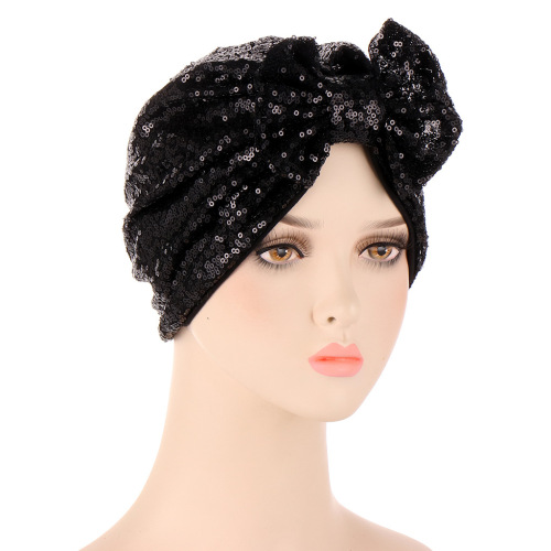 Spring and Summer Sequined Bow Muslim Solid Color Hat New European and American Foreign Trade Indian Headscarf Cap Cap Cap 