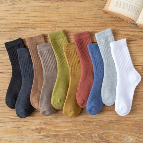 Autumn and Winter Socks Women‘s Mid-Calf Socks Thickened Fleece-Lined Warm Terry Socks Winter Tide Solid Color Strip Towel Long Tube