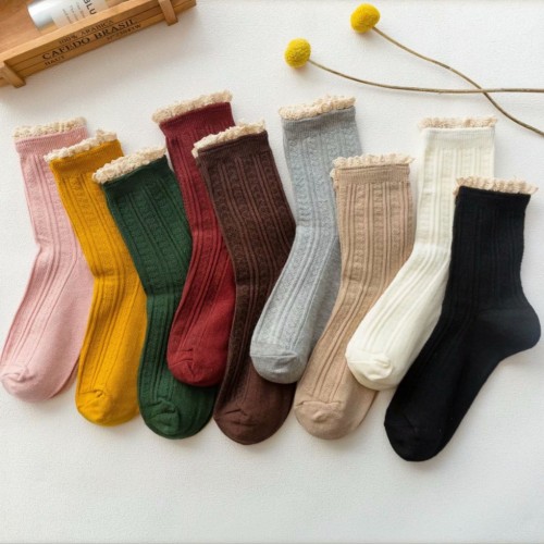 lace pile socks women‘s japanese double needle dark pattern women‘s solid color mid-calf socks retro dark pattern stall socks