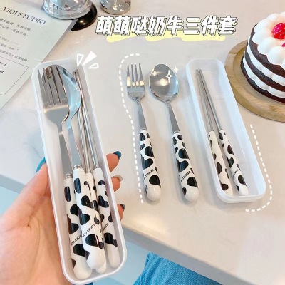 Cartoon Cow Portable Stainless Steel Tableware Cute Gift Tableware Set Spoon ThreePiece Set Including Chopsticks
