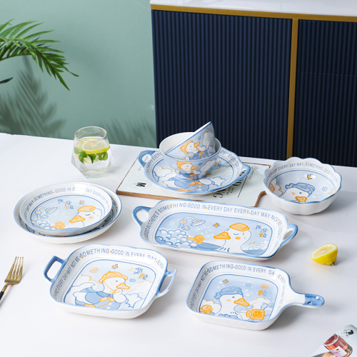 Underglaze Porcelain Cartoon Plate Bowl Household Dish Fish Dish Baking Tray Children Rice Bowl Stall