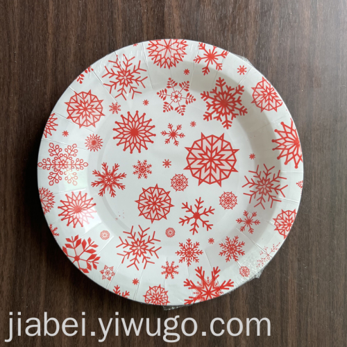 disposable paper tray christmas series large snowflake printing 9-inch round paper plate white cardboard plate wide pattern thickened disc