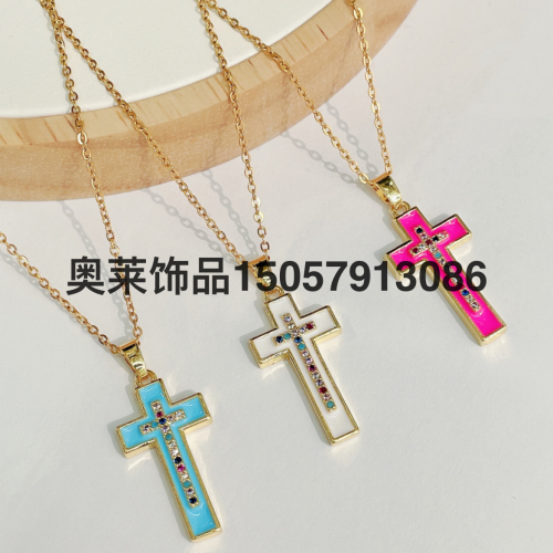 new trend oil dripping color cross necklace pendant european and american cross-border religious belief personalized jewelry accessories